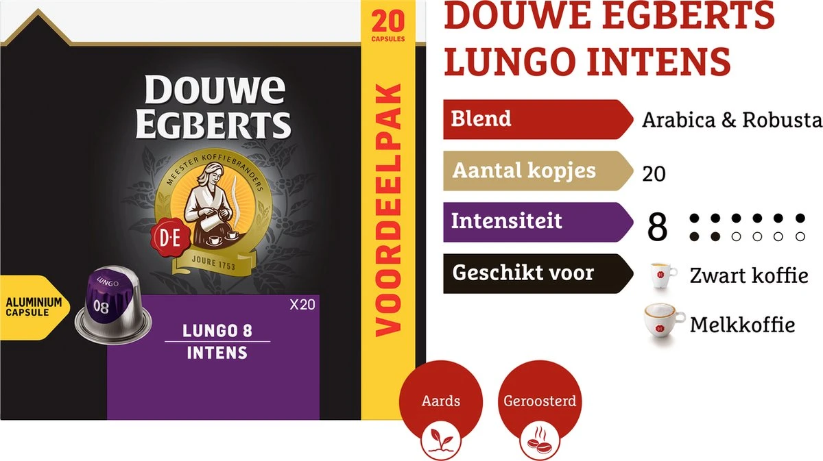 Douwe Egberts Lungo Intens Koffiecups - Intensiteit 8/12 - 10 X 20 Capsules 5 Douwe Egberts Lungo Intens Koffiecups - Intensiteit 8/12 - 10 X 20 Capsules - Afbeelding 4