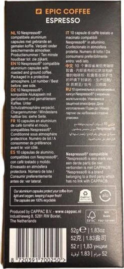 100 Capsules Epic Coffee - Espresso - Nespresso® Compatible Aluminium Capsules - RFA Keurmerk - Doos 100 Stuks -Koffiebenodigdheden Winkel 556x1200